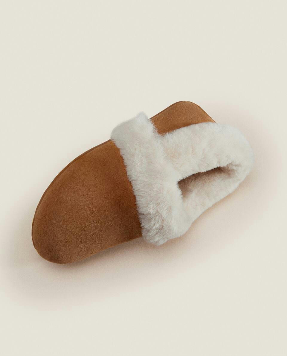 LEATHER SLIPPERS WITH FAUX FUR LINING