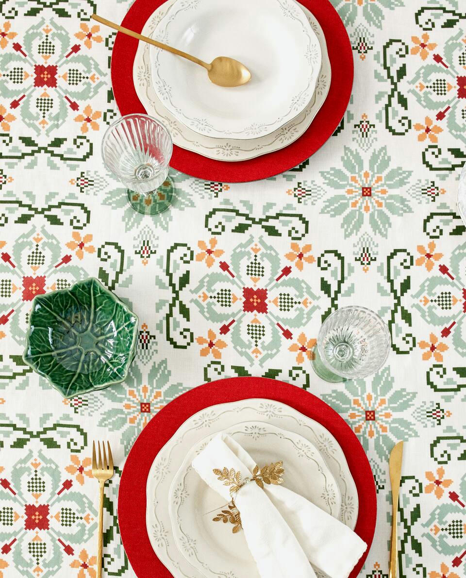 CROSS STITCH LINEN TABLECLOTH