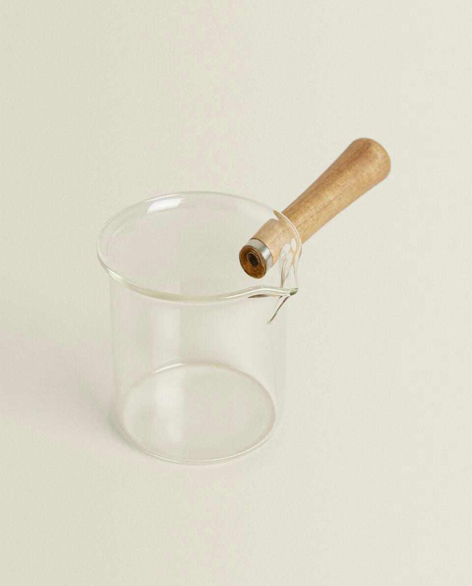 BOROSILICATE GLASS AND WOODEN MILK JUG