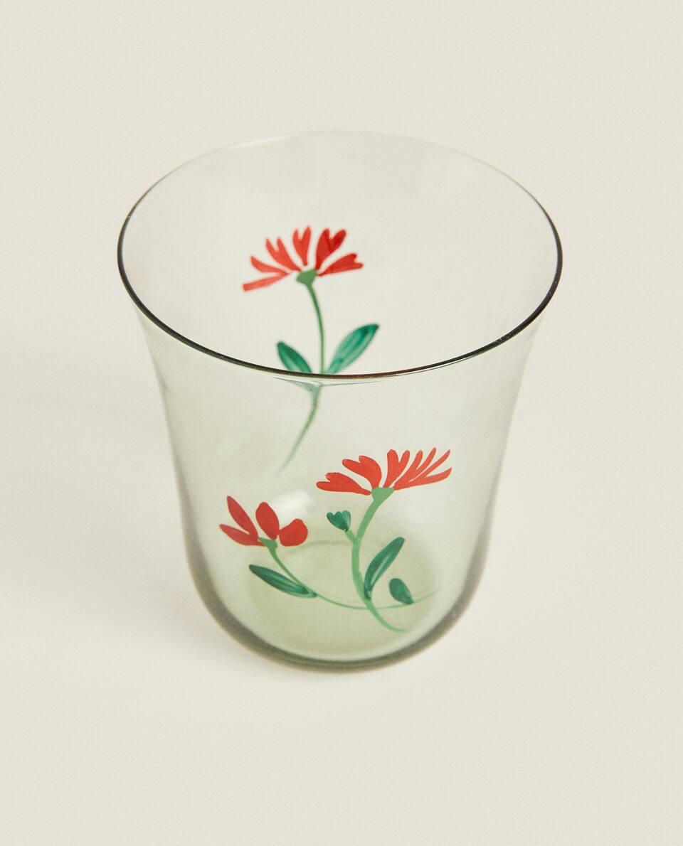 GLASS TUMBLER WITH FLORAL TRANSFER