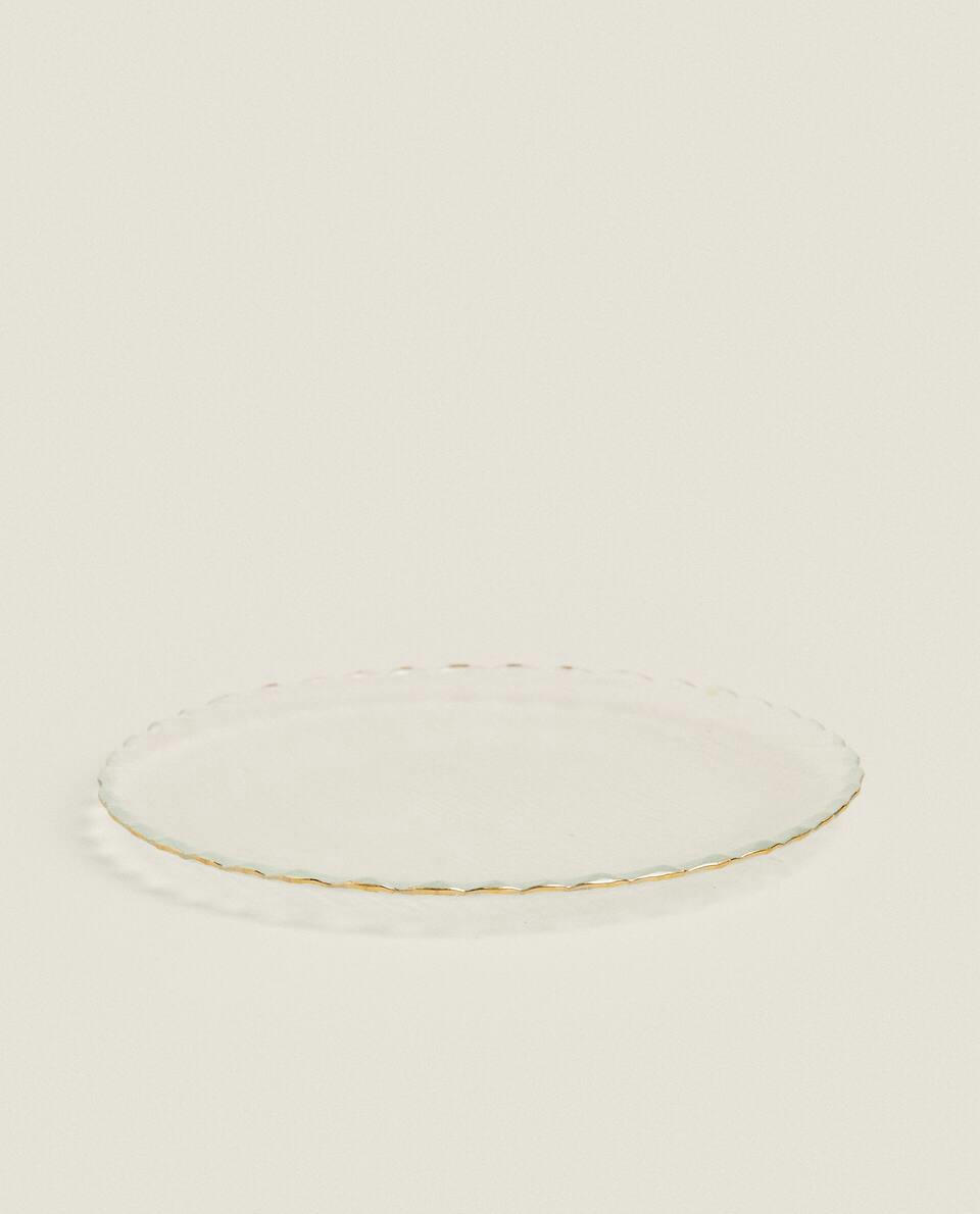 CHRISTMAS GLASS DESSERT PLATE WITH GOLD RIM