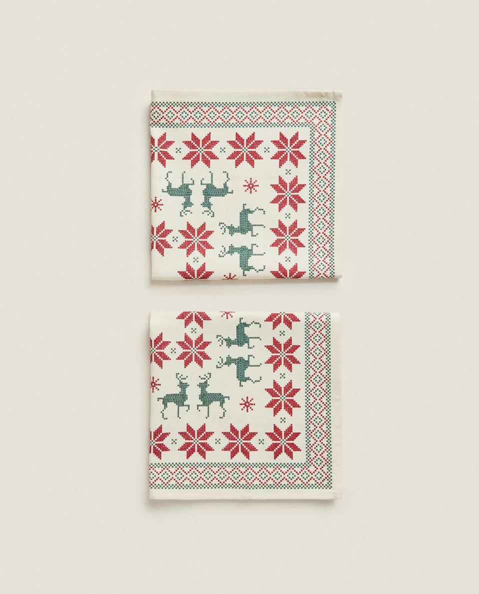 CHRISTMAS CROSS-STITCH COTTON NAPKINS (PACK OF 2)
