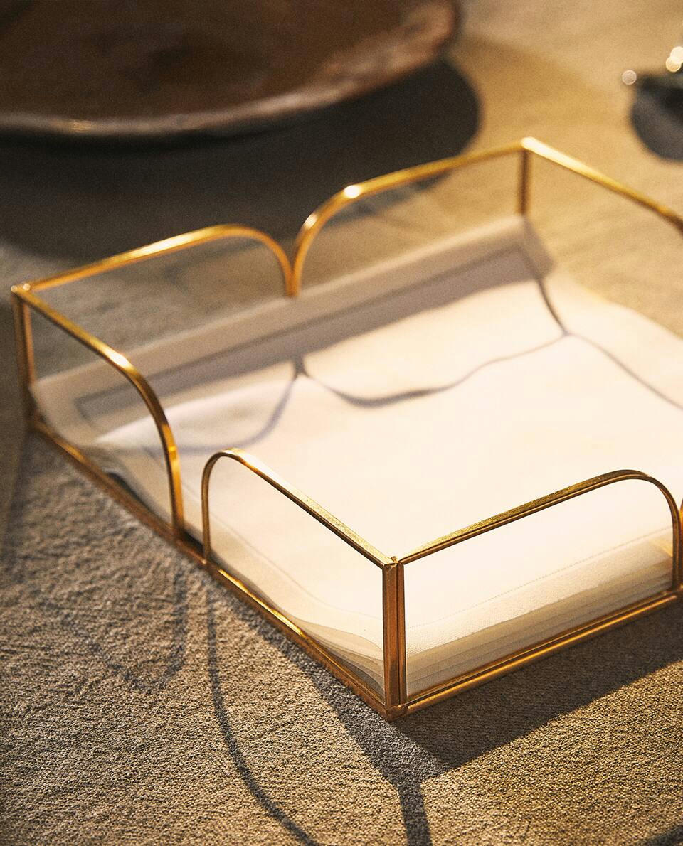 GLASS NAPKIN HOLDER WITH METAL TRIM