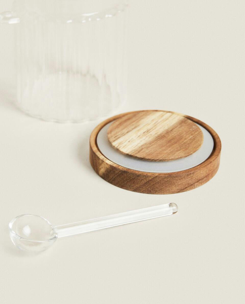 BOROSILICATE GLASS AND WOODEN SUGAR BOWL