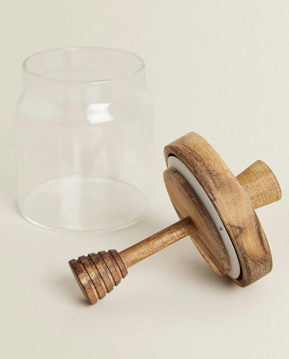 BOROSILICATE GLASS AND WOODEN HONEY JAR