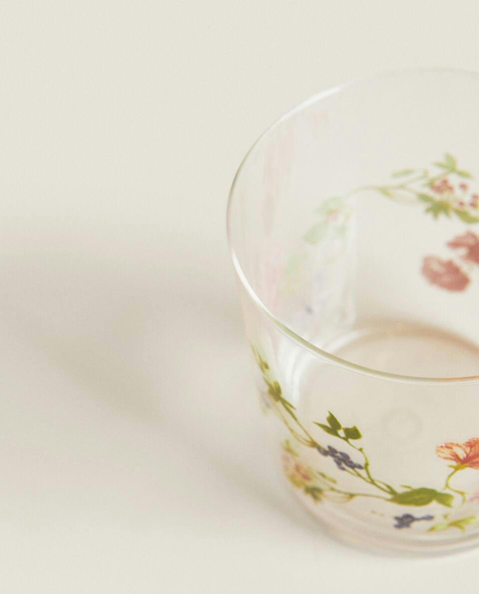 GLASS TUMBLER WITH FLORAL TRANSFER