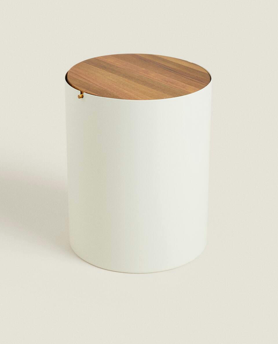 METAL BIN WITH WOOD LID