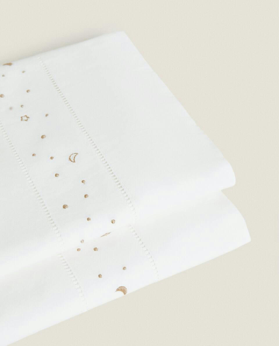 EMBROIDERED MOONS AND STARS FLAT SHEET