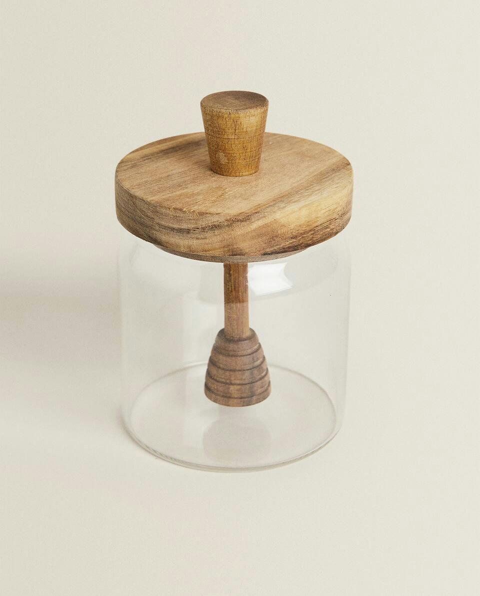 BOROSILICATE GLASS AND WOODEN HONEY JAR
