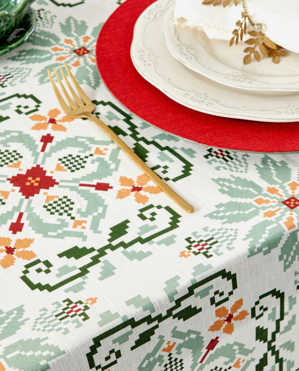 CROSS STITCH LINEN TABLECLOTH