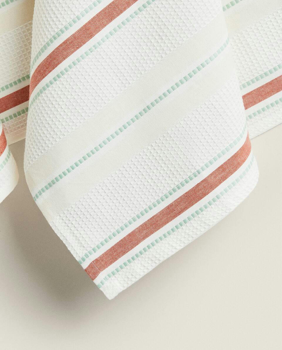 WAFFLE-KNIT COTTON TEA TOWEL WITH STRIPES (PACK OF 2)