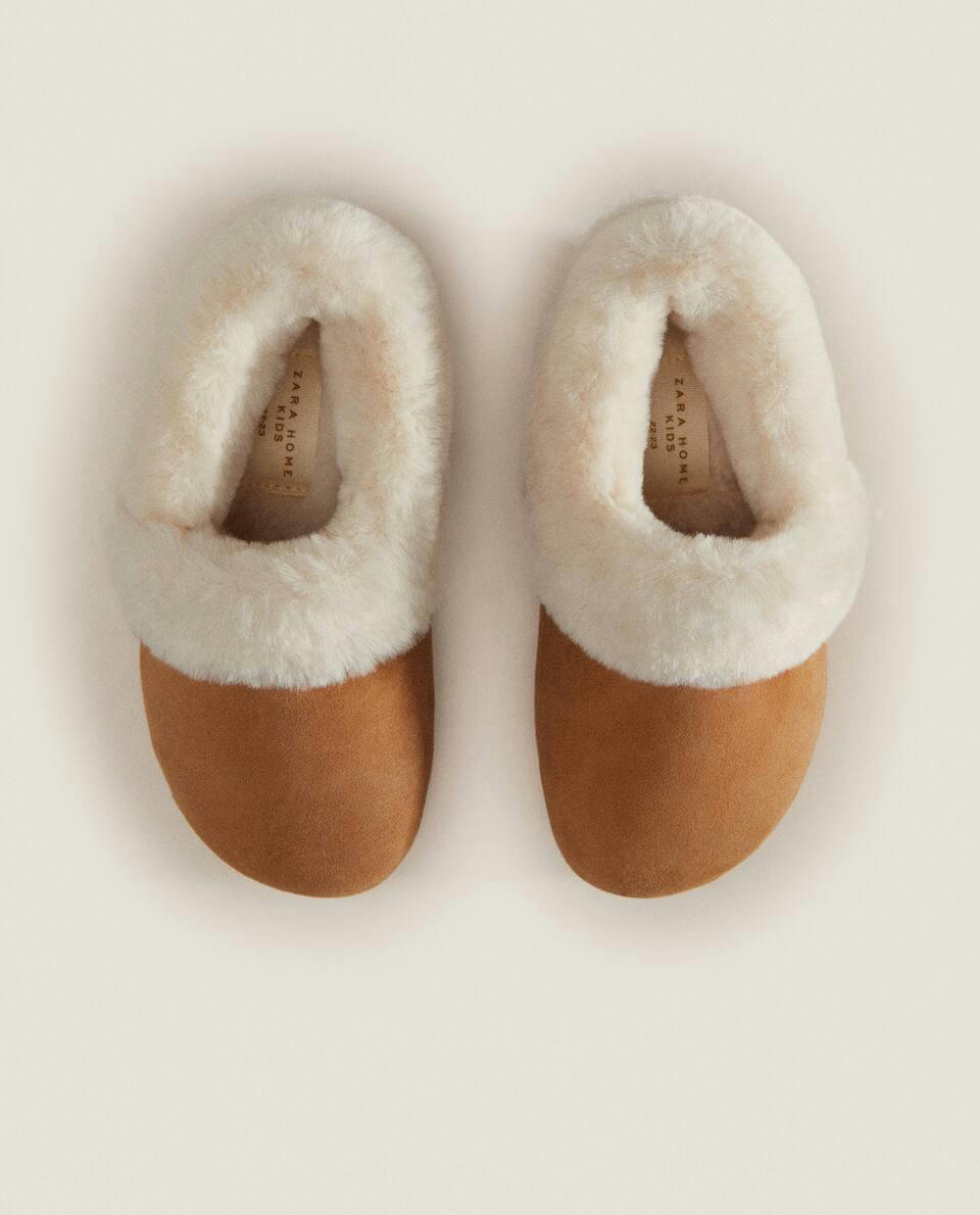 LEATHER SLIPPERS WITH FAUX FUR LINING