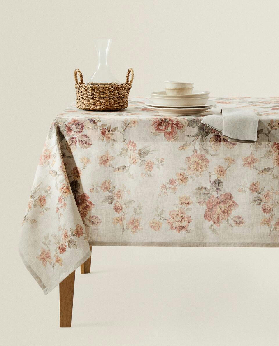 FLORAL PRINT LINEN TABLECLOTH