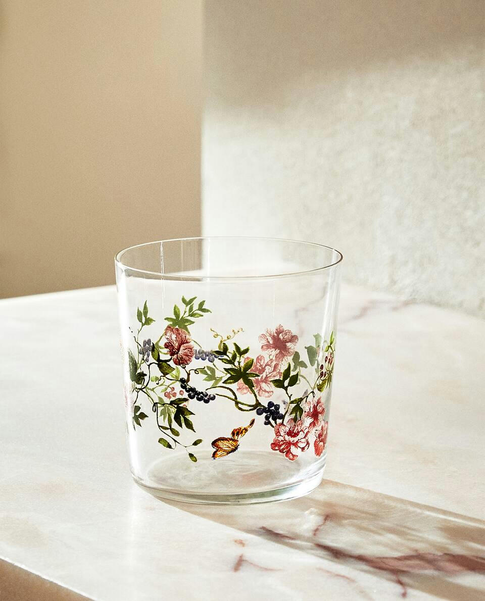 GLASS TUMBLER WITH FLORAL TRANSFER