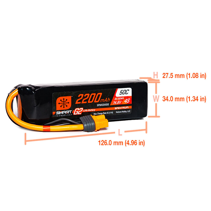 Spektrum Accessories 14.8V 2200mAh 4S 50C Smart G2 LiPo Battery: IC3