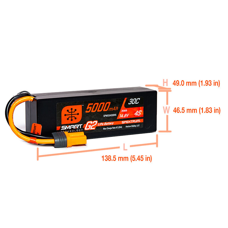 Spektrum Accessories 14.8V 5000mAh 4S 30C Smart G2 Hardcase LiPo Battery: IC5