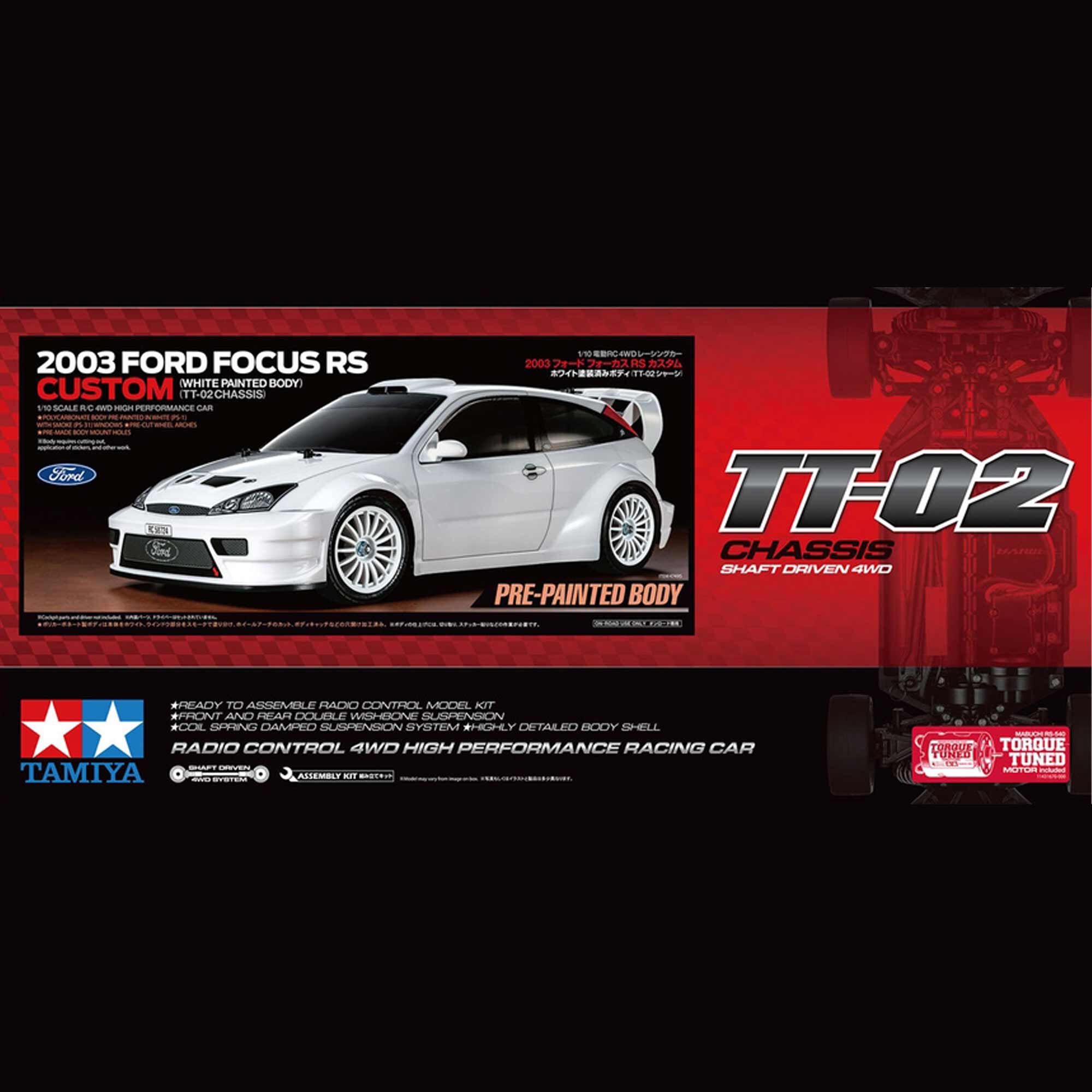 Tamiya 1/10 2003 Ford Focus RS Custom TT-02 Kit, White Painted Body