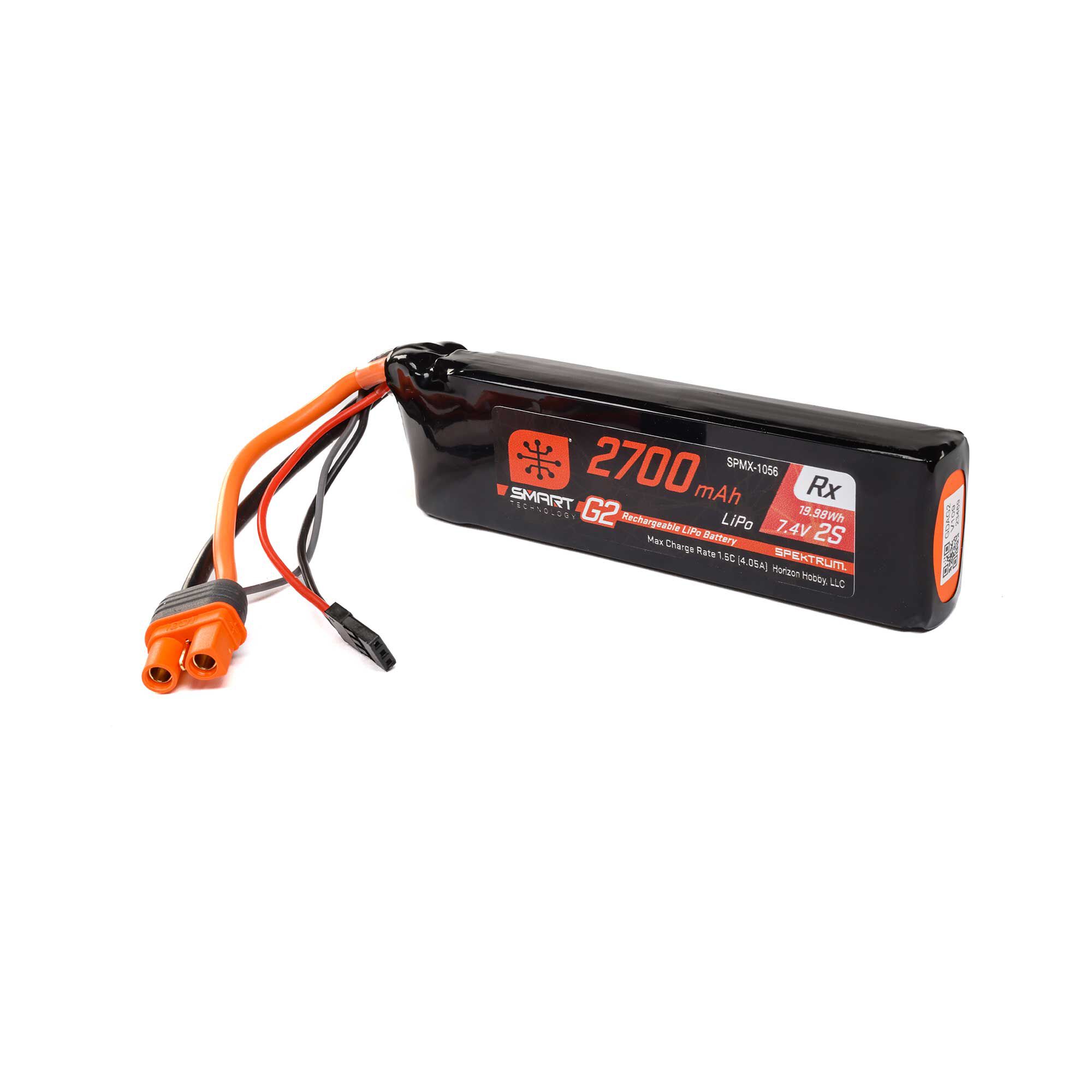 Spektrum Accessories 7.4V 2700mAh 2S 15C Smart G2 Receiver LiPo Battery: IC3