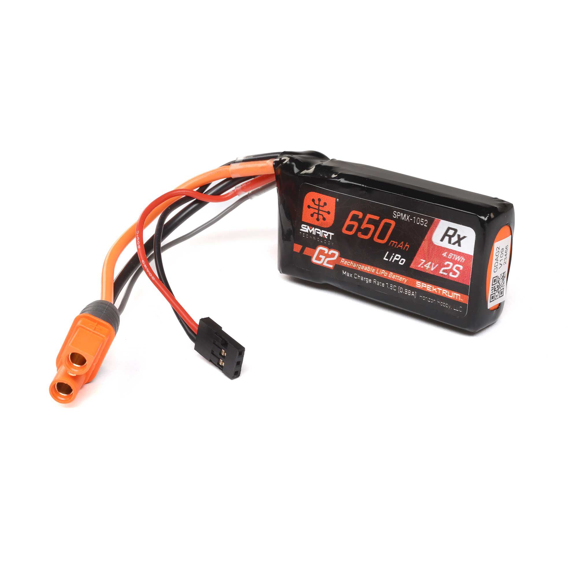 Spektrum Accessories 7.4V 650mAh 2S 15C Smart G2 Receiver LiPo Battery: IC3