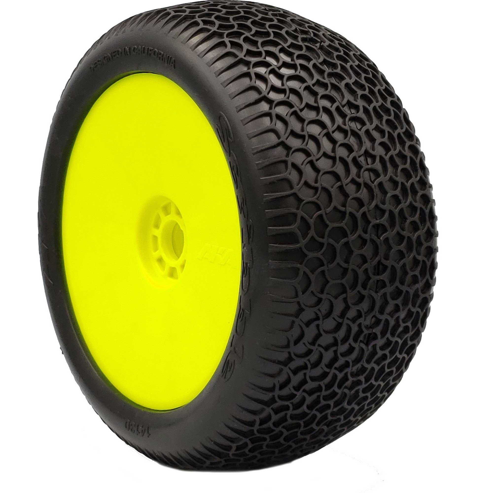 AKA PRODUCTS, INC. 1/8 EVO Scribble Super Soft Long Wear Pre-Mounted Tires, Yellow Wheels (2): Truggy