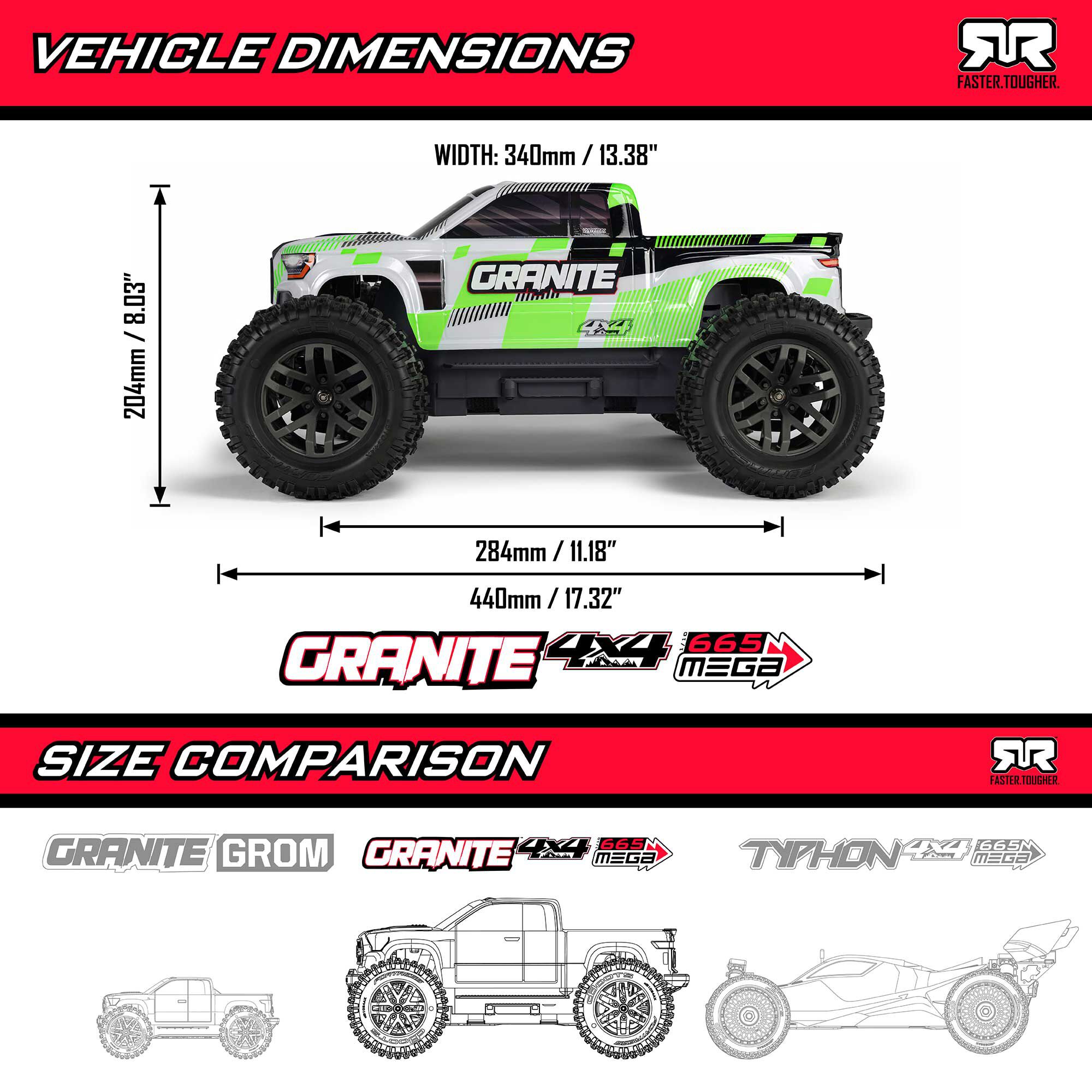 ARRMA 1/10 GRANITE MEGA 665 4X4 RTR Brushed Monster Truck, Green