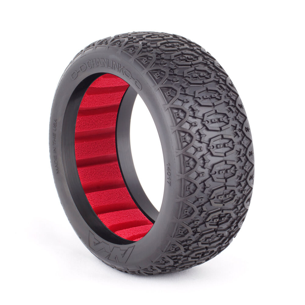 AKA PRODUCTS, INC. 1/8 Chain Link Medium Long Wear Tires, Red Inserts (2): Buggy