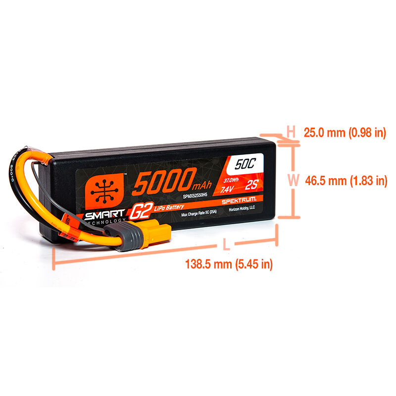 Spektrum Accessories 7.4V 5000mAh 2S 50C Smart G2 Hardcase LiPo Battery: IC5