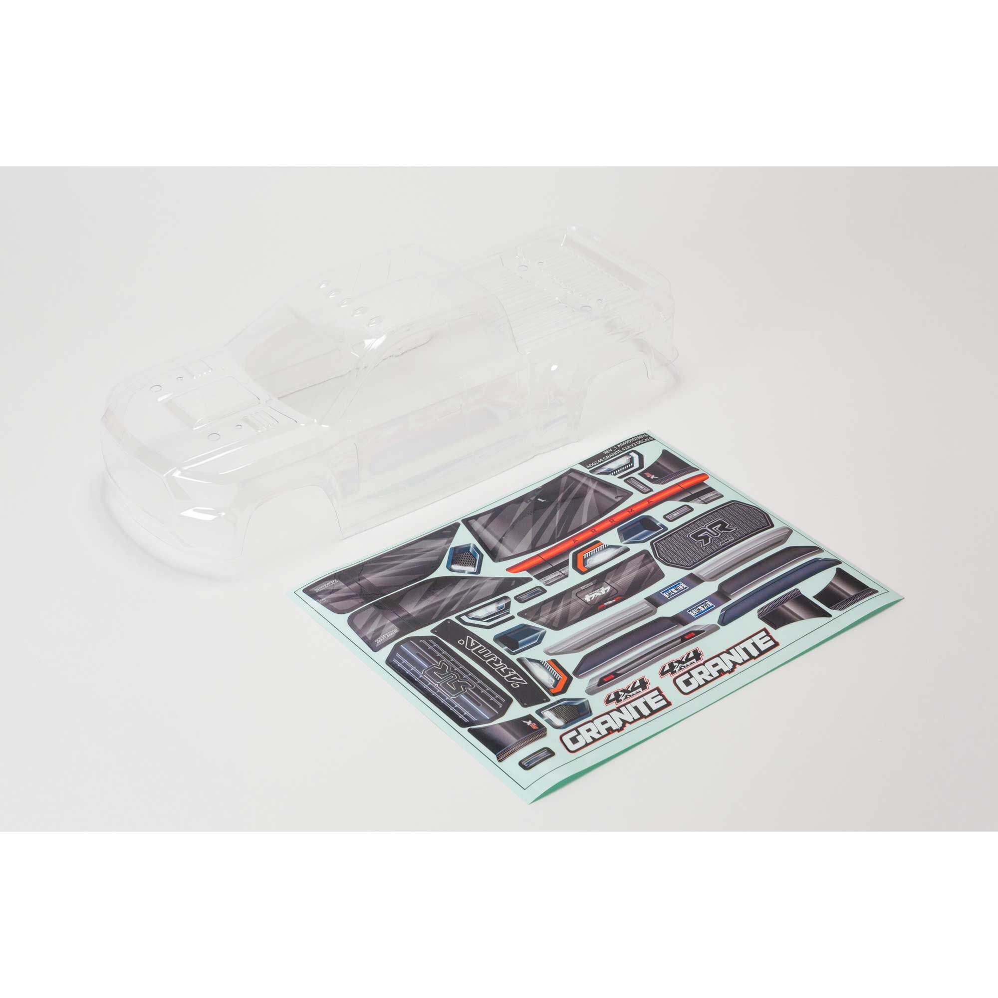 ARRMA 1/10 Clear Body with Decals and Window Masks: GRANITE 4X4 BLX