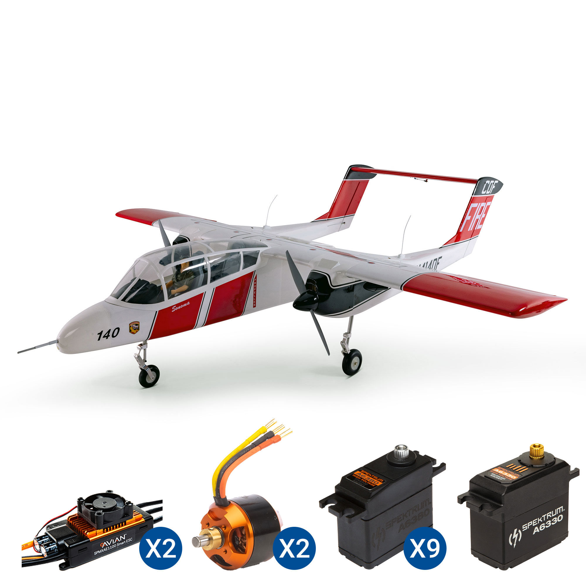 Hangar 9 OV-10 Bronco 20cc ARF with Landing Gear Set, Spektrum Avian Motors, ESCs and Spektrum Servos Combo