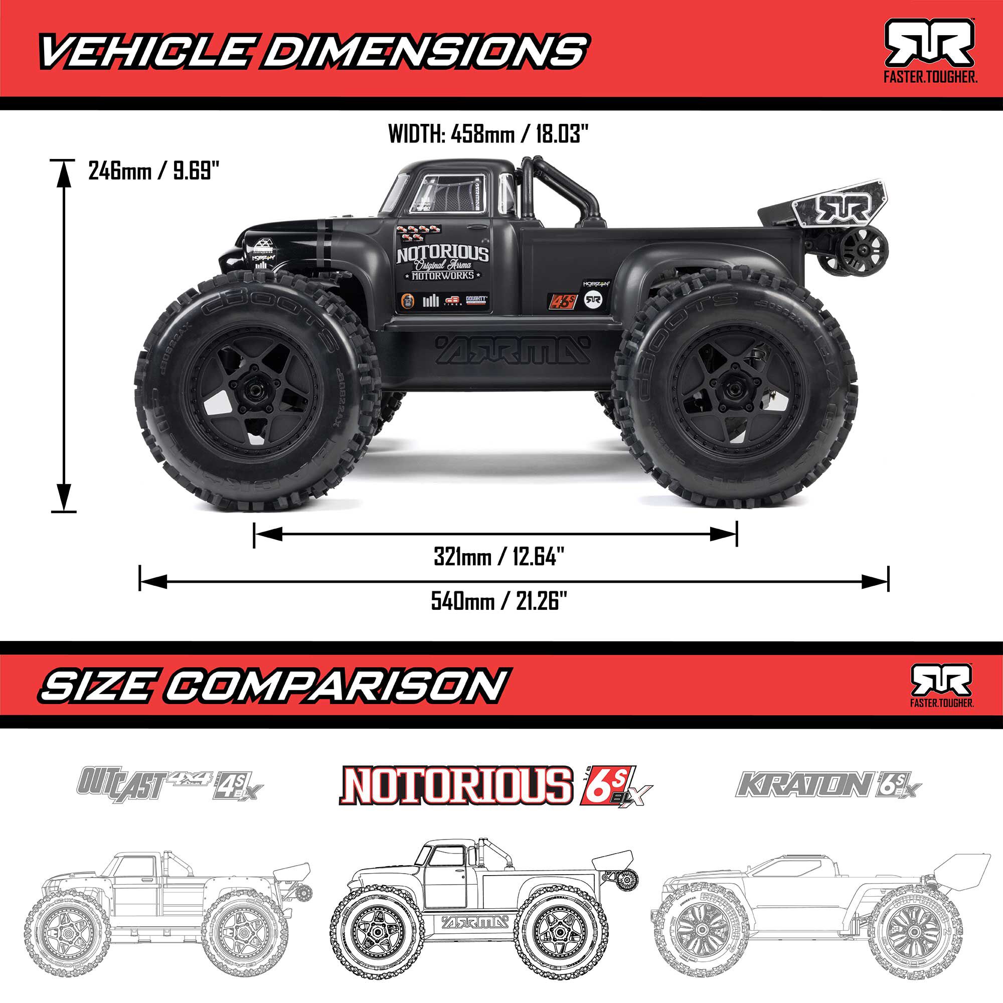 ARRMA 1/8 NOTORIOUS 6S 4X4 RTR Brushless Stunt Truck, Black