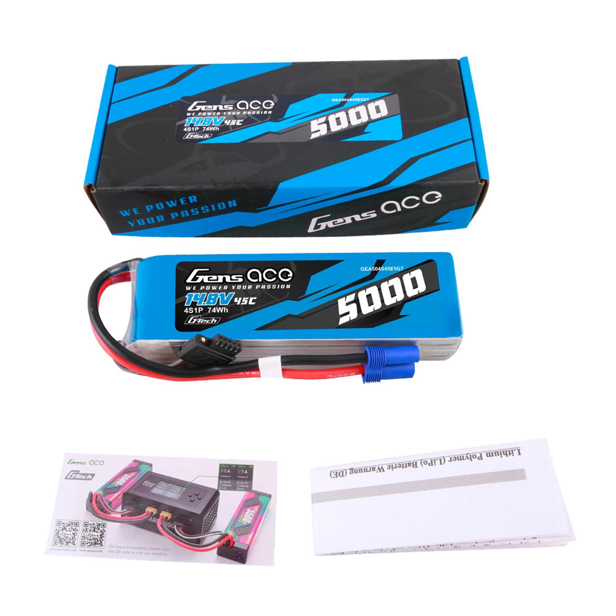Gens ace 14.8V 5000mAh 4S 45C G-Tech Smart LiPo Battery: EC5