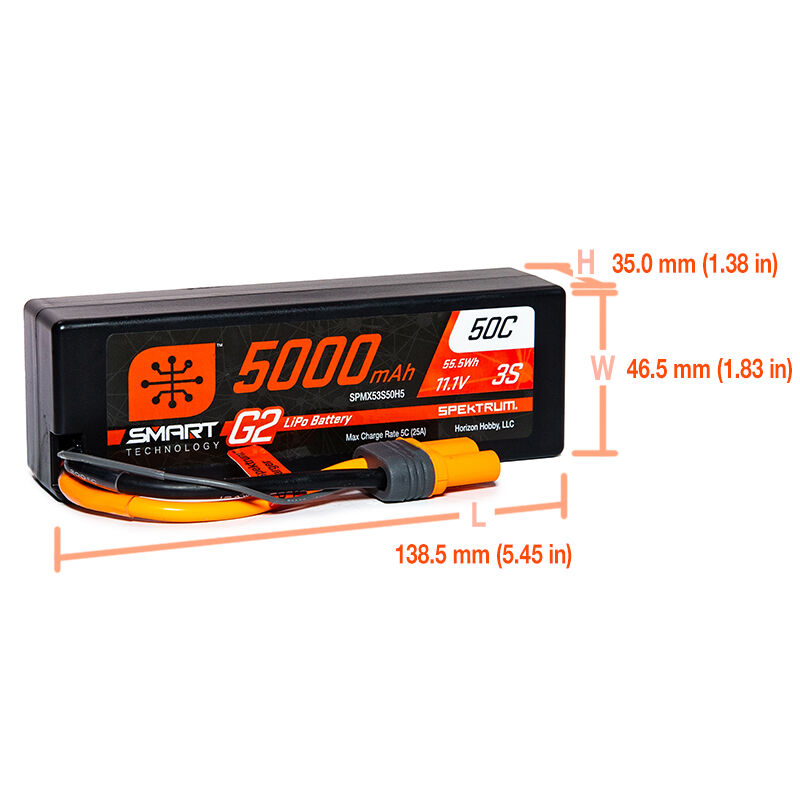 Spektrum Accessories 11.1V 5000mAh 3S 50C Smart G2 Hardcase LiPo Battery: IC5