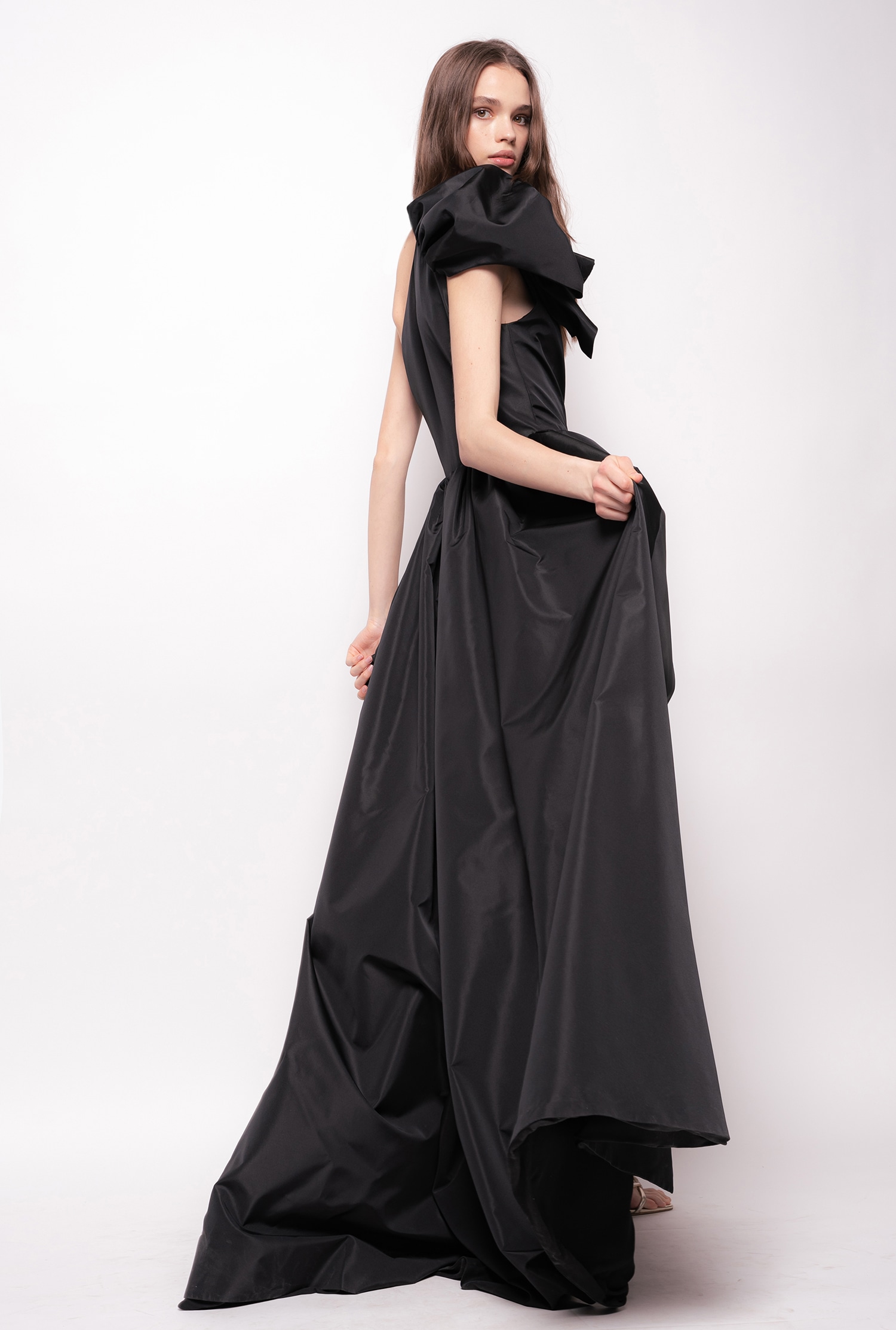 Long one-shoulder taffeta dress