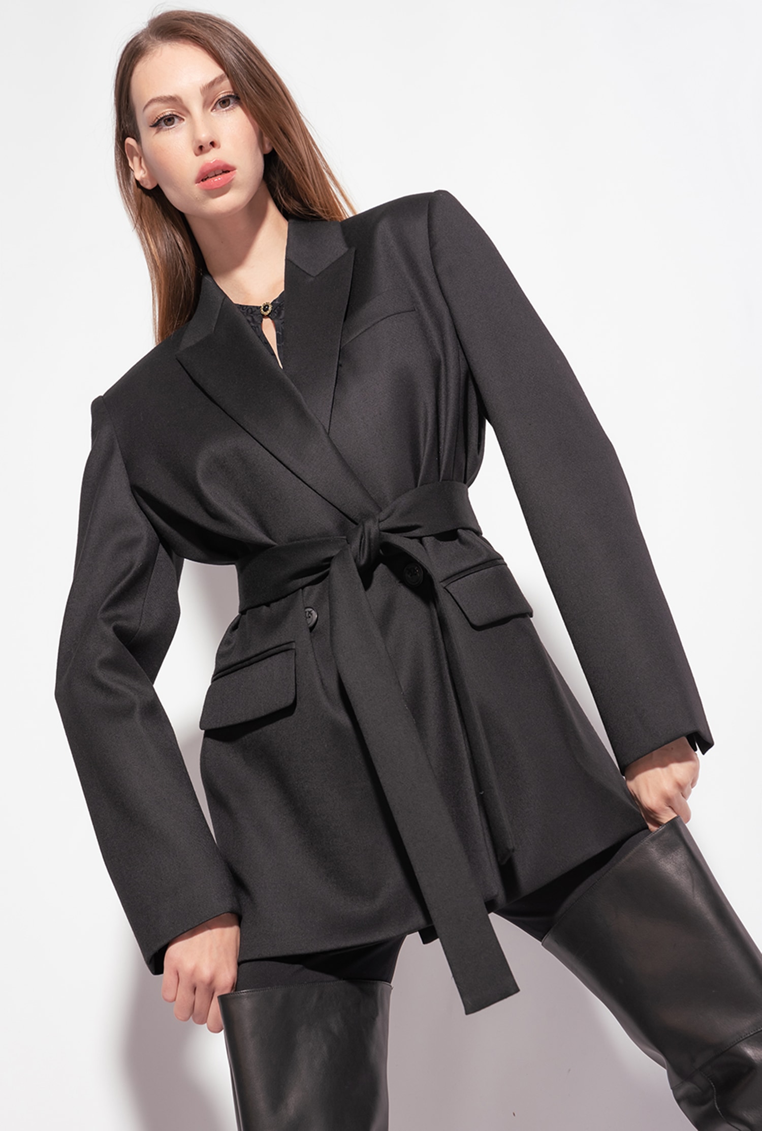 Flannel blazer with belt