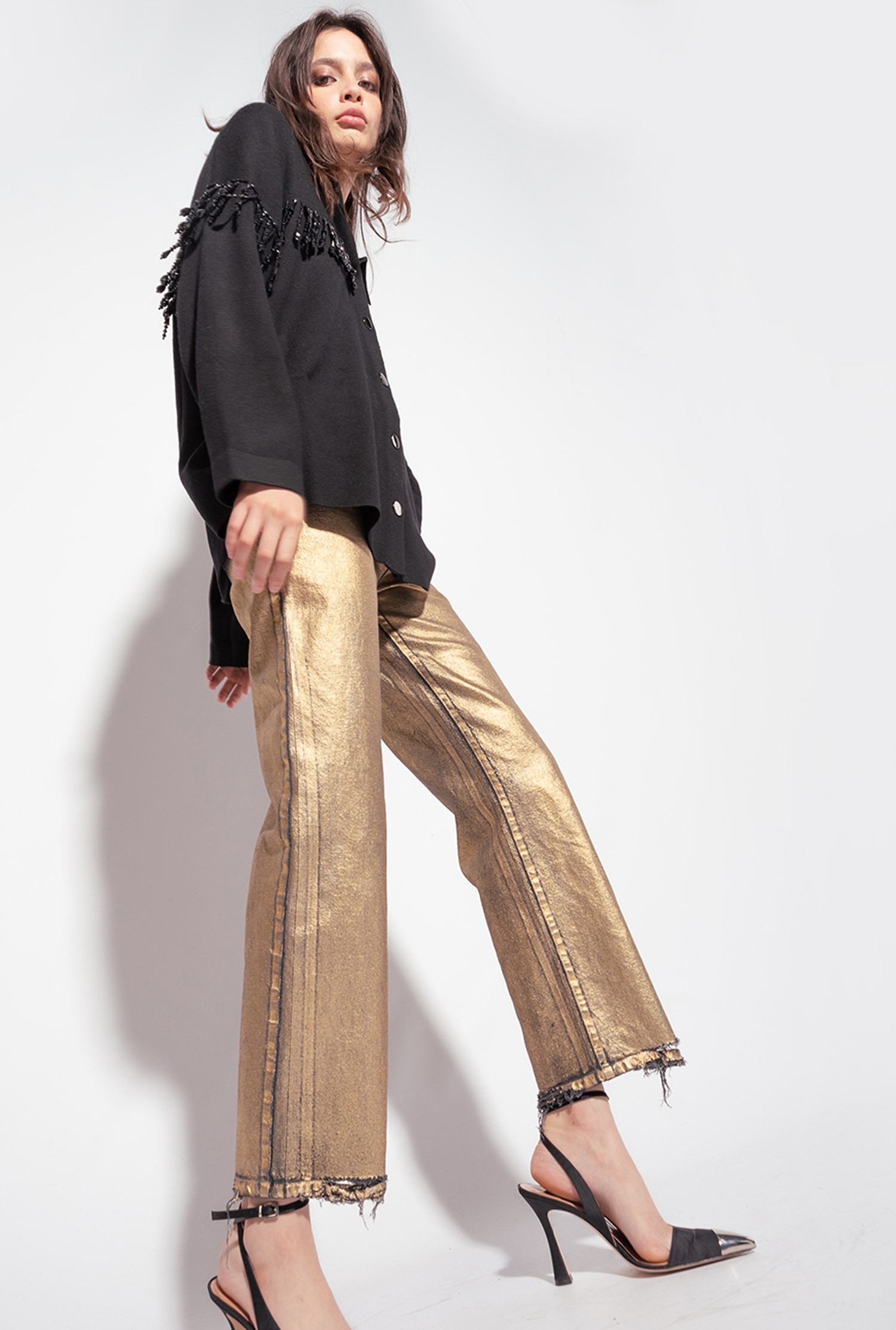 Laminated straight-cut jeans