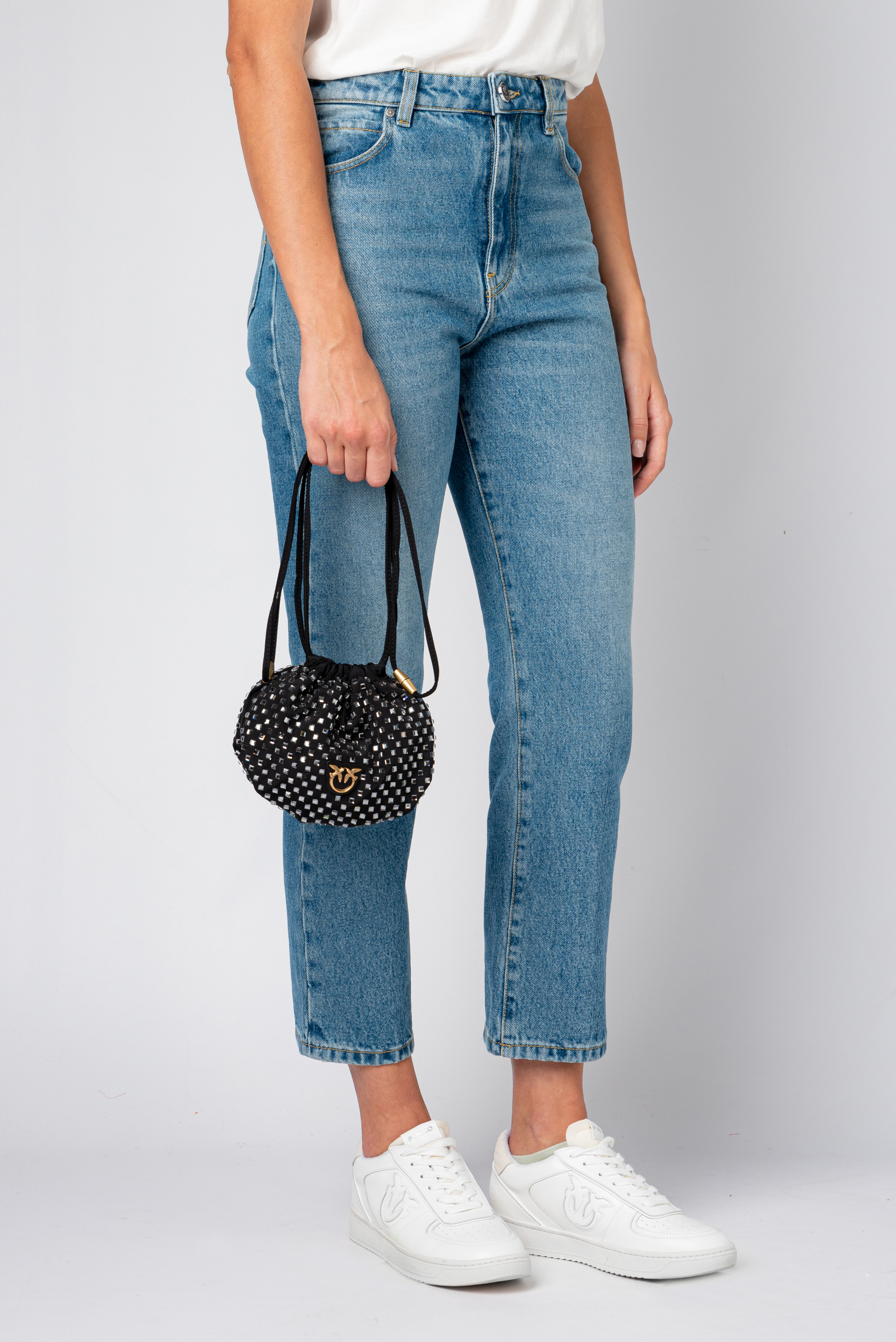 Satin mini bag with rhinestones all over