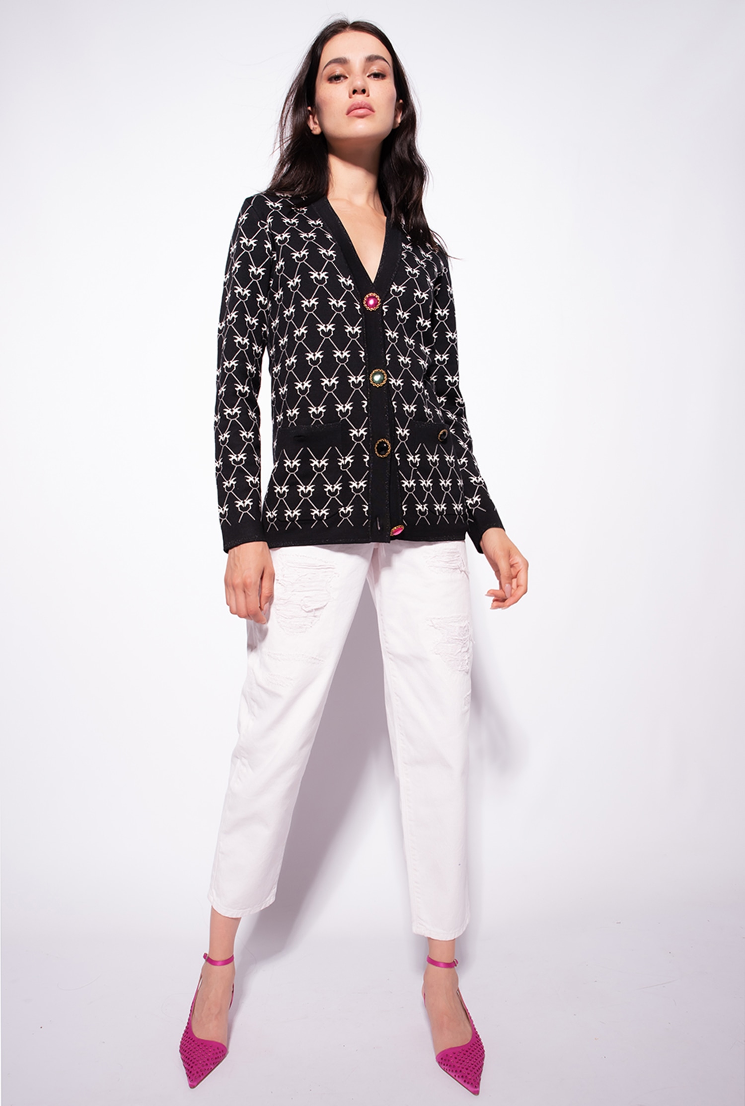 Monogram cardigan with jewel buttons