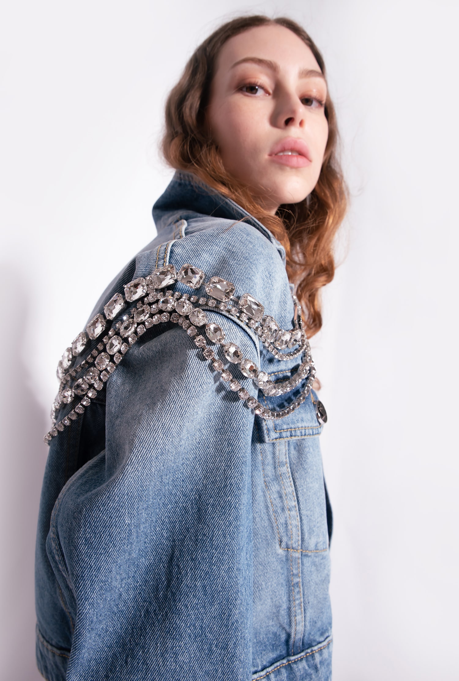 Denim jacket with jewel chains