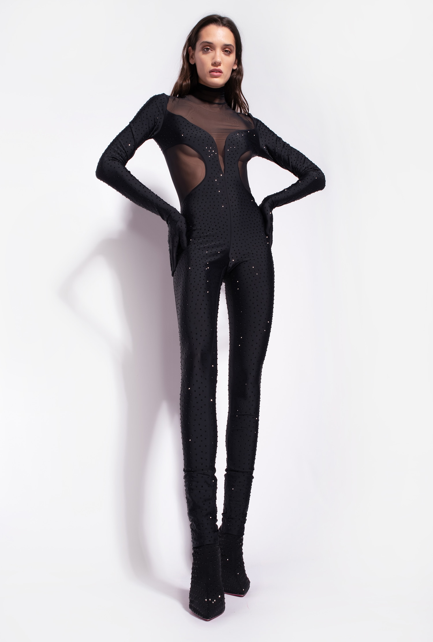 Fully rhinestoned tulle and jersey jumpsuit