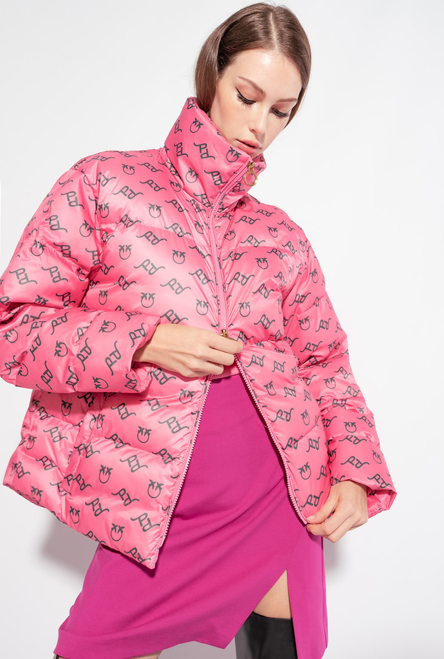 Logo print down jacket with belt
