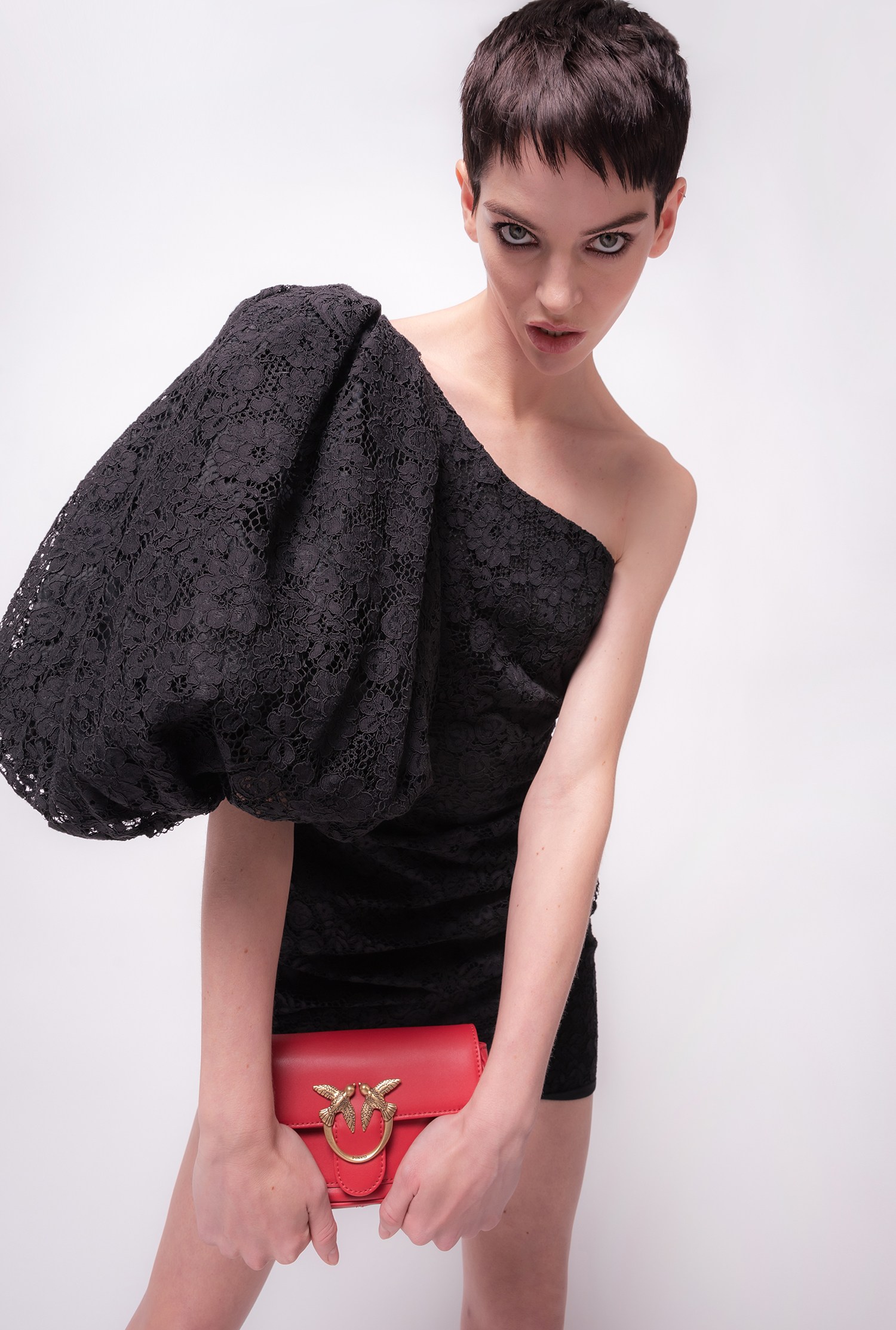 One-shoulder lace mini dress