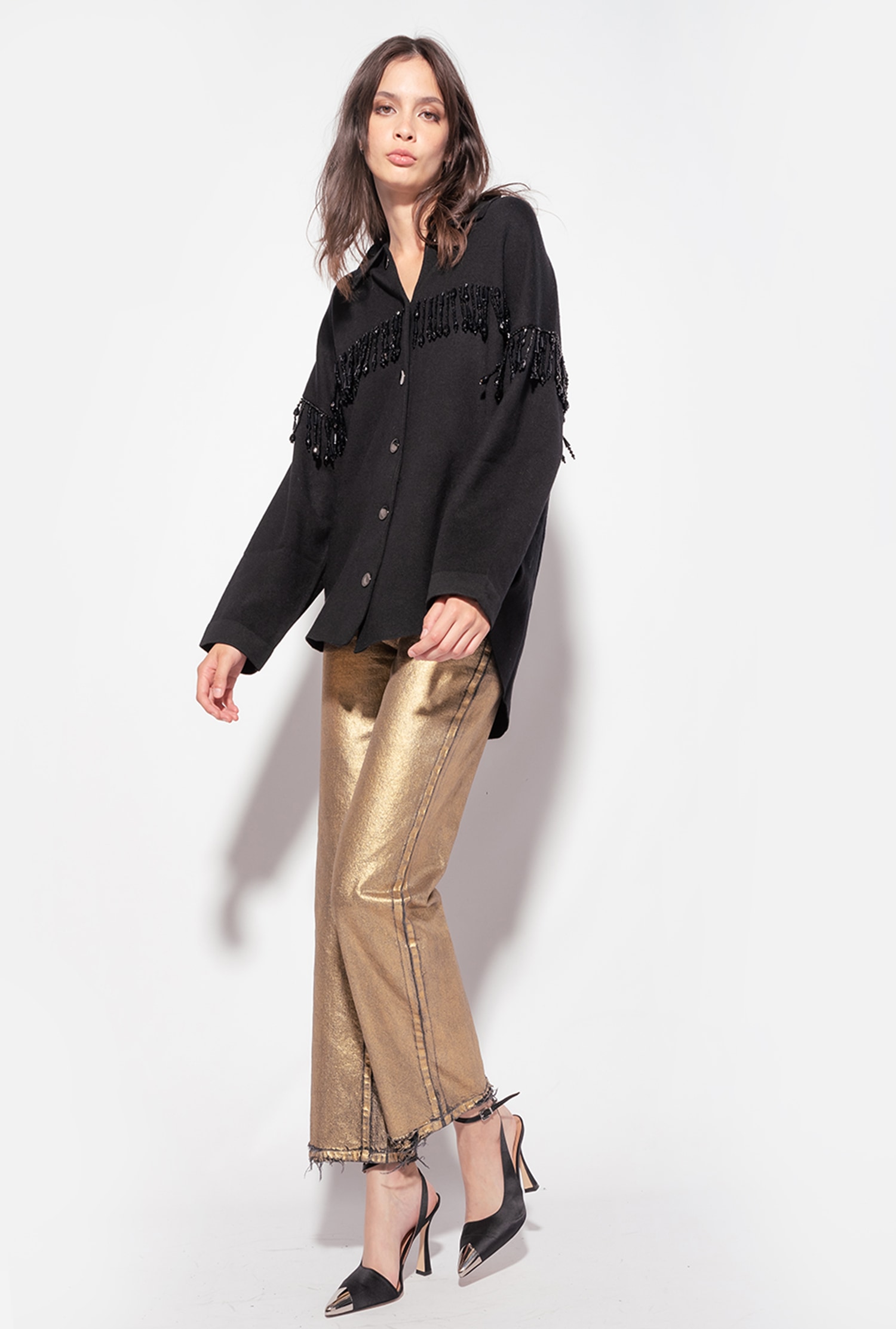 Laminated straight-cut jeans