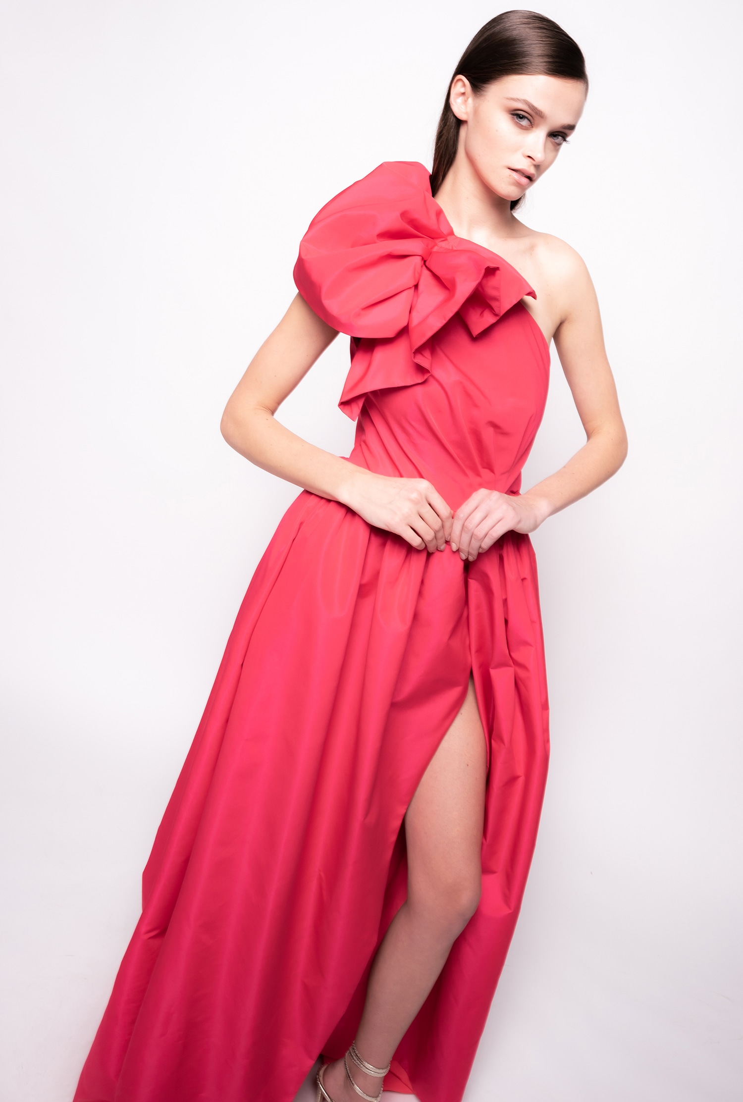 Long one-shoulder taffeta dress