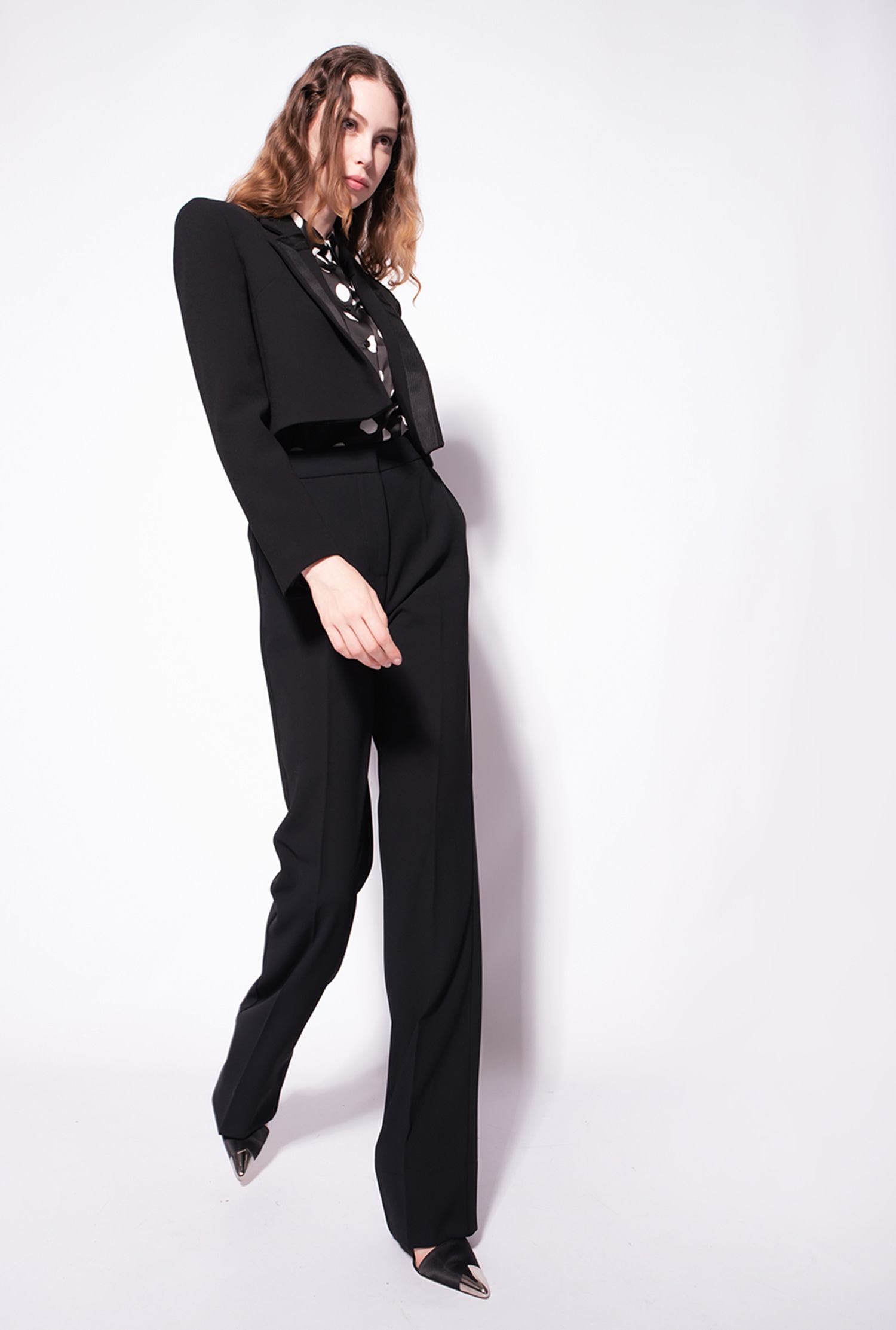 Flared poly crepe trousers