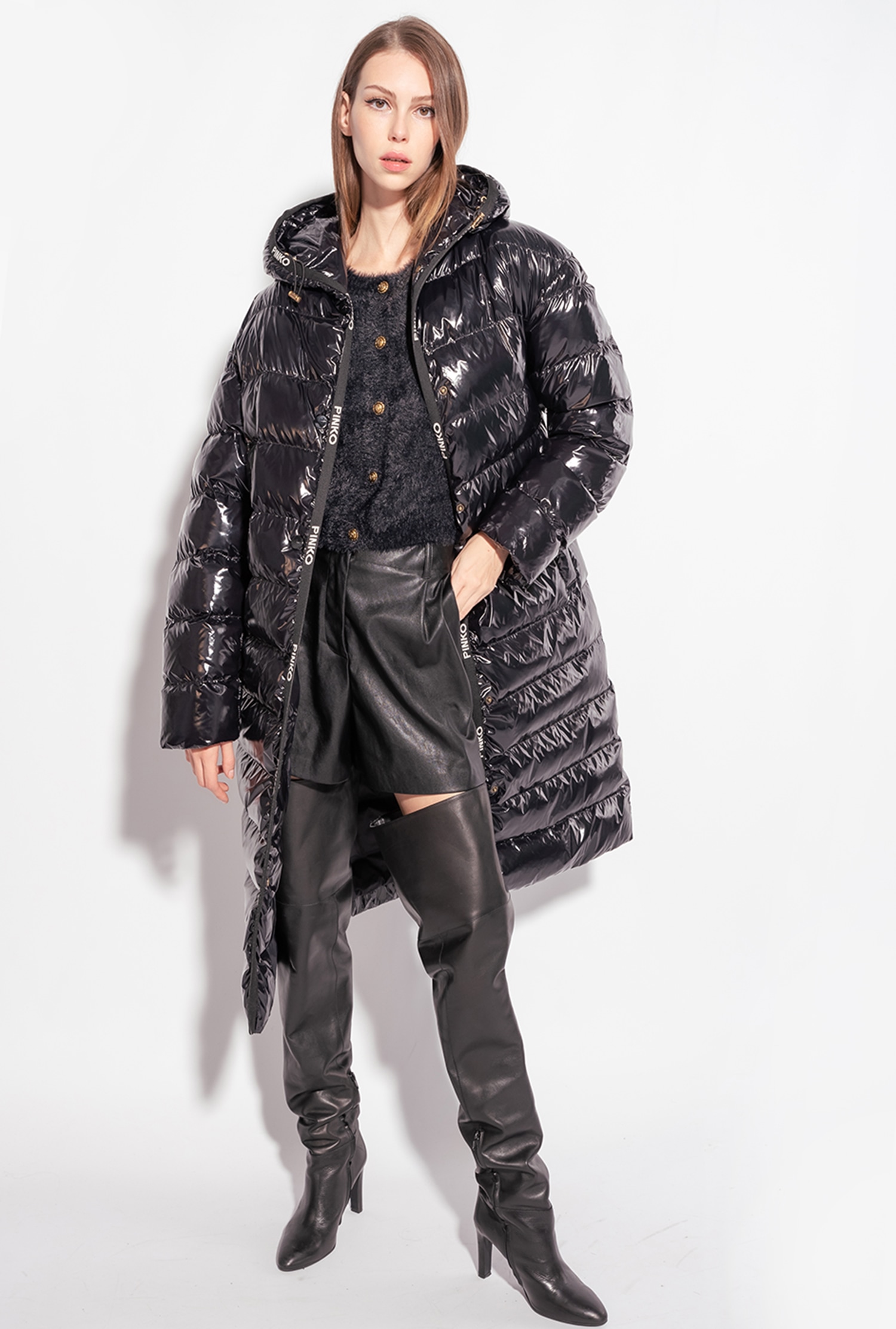 Long crystal nylon down jacket