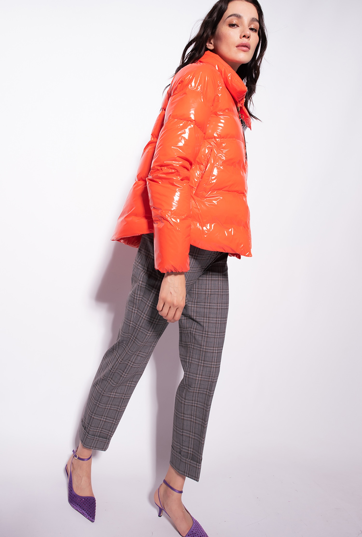 Padded crystal nylon pea jacket