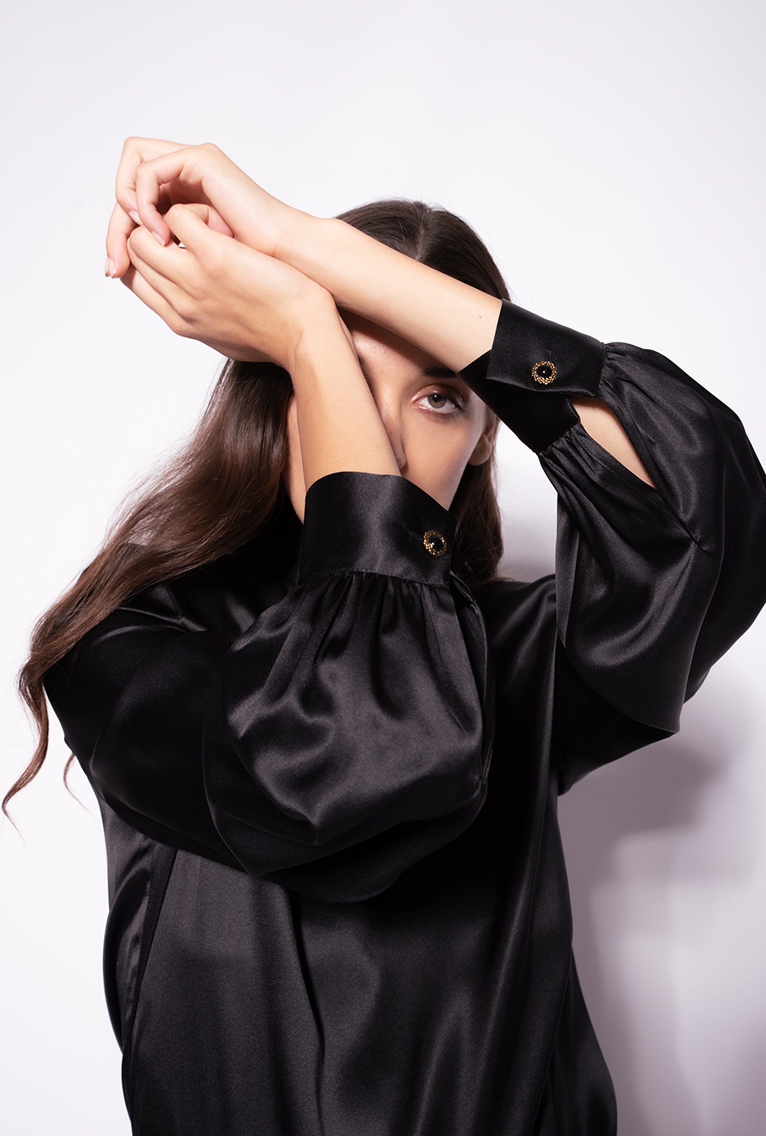 Stretch satin turtleneck blouse