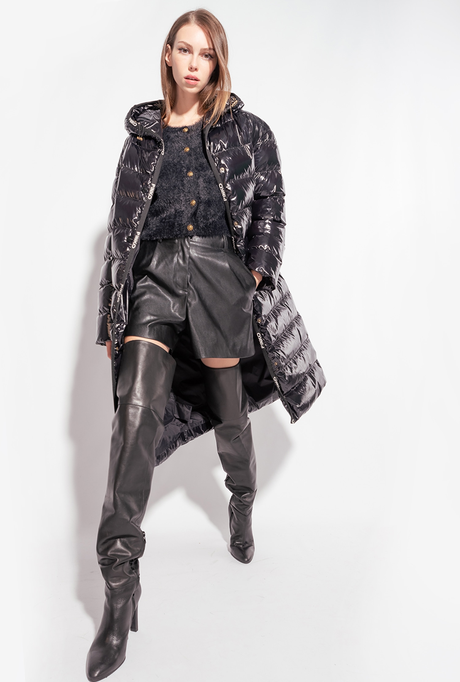 Long crystal nylon down jacket