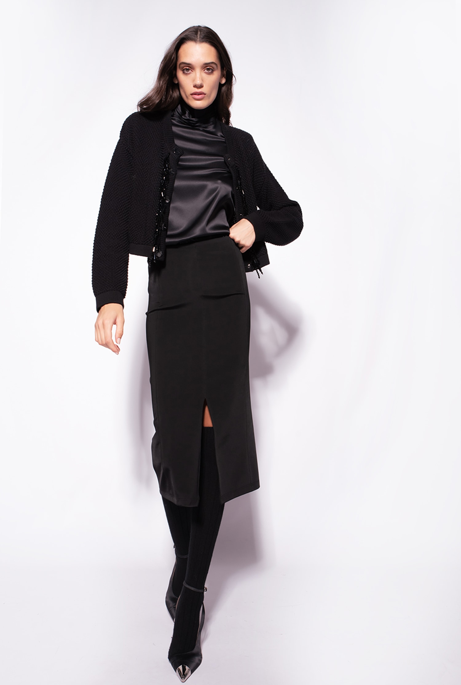 Stretch satin turtleneck blouse