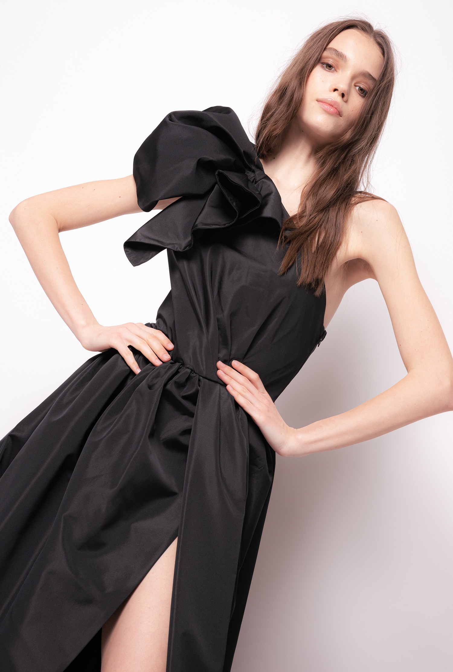 Long one-shoulder taffeta dress